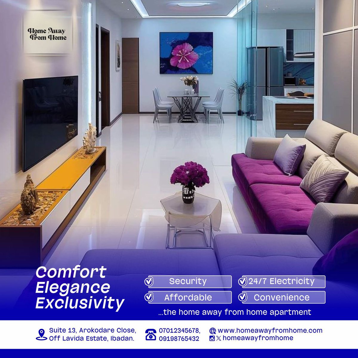 DammyMuh's tweet photo. « Day 7 • 30 » Creative Series
A sleek, modern flyer for Home Away From Home Apartments, Ibadan; blending comfort, elegance, and luxury with deep purple accents and clear service highlights. 🏡💜
Hire me for your best design gig
#ZitoDesigns
#30daysofZito #ZitoCreativeSeries https://t.co/04XUxUvjzL