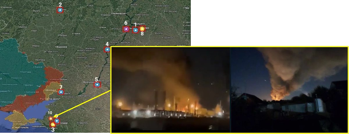 Nuovo giorno, nuova raffineria colpita.
Stanotte i droni ucraini hanno colpito la raffineria di Ilsky (n° 10 sulla mappa), una delle "principali raffinerie del Distretto Federale Meridionale della Russia", così scrivono sul loro sito web.
Daje!