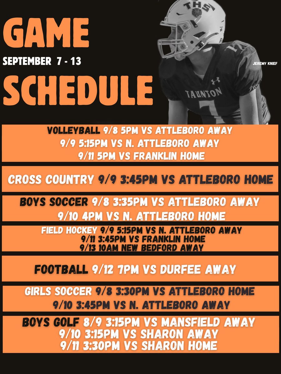 New to this year are weekly game schedules courtesy of the Taunton HS Graphics Department.

More to come.