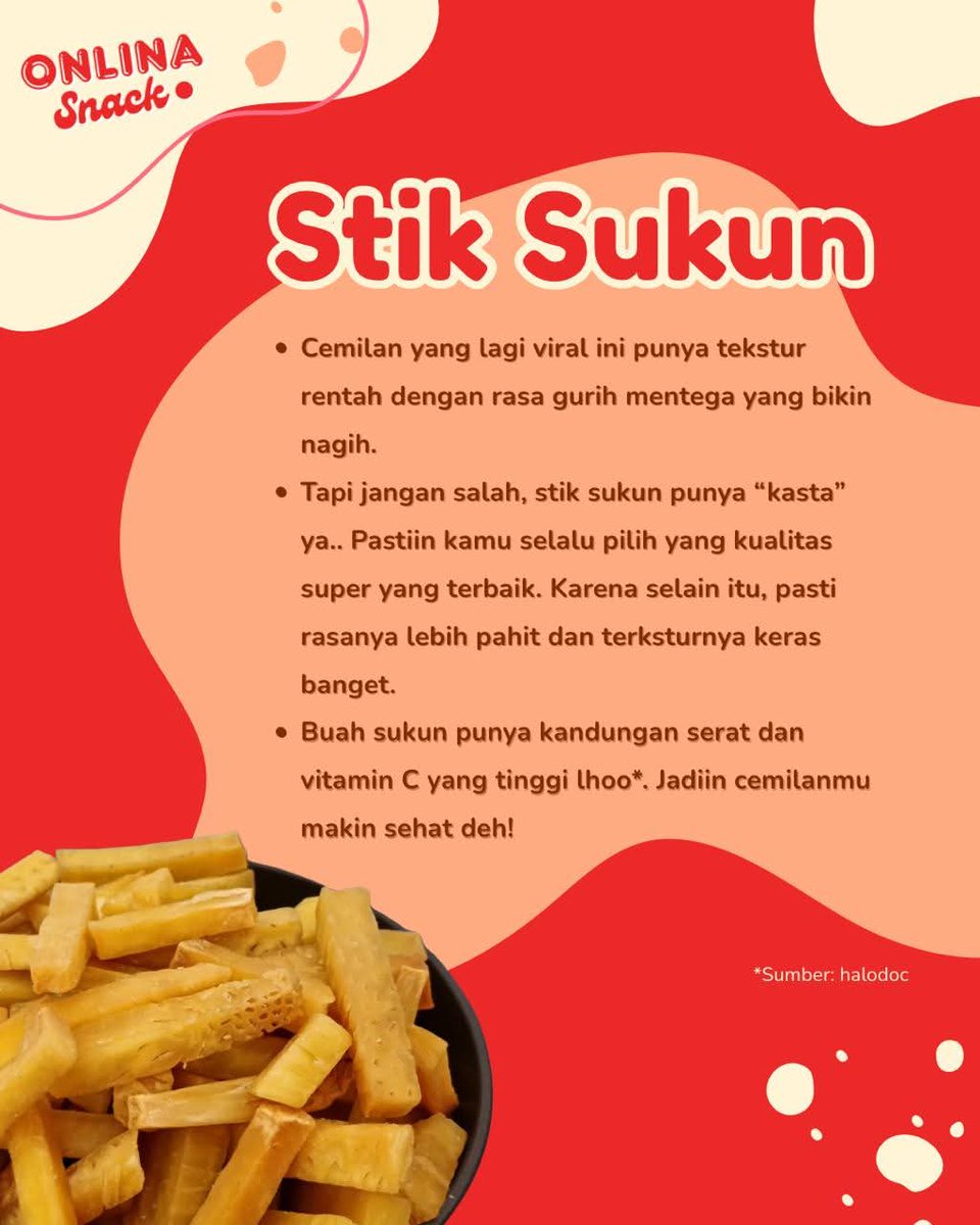 OnlinaSnack's tweet photo. 👀 Lagi cari cemilan yang lagi hype abis?
Onlina udah sediain dong~ 🫶✨

✨ STIK SUKUN ONLINA SNACK ✨
🔥 Tekstur: renyah🥨
🔥 Rasa: gurih mentega dengan khas sukun 🤤
🔥 Vibes: anti bosen 🫡

Pokoknya cocok banget buat kamu yang pengen nyobain snack baru tapi tetep endeusss 💯 https://t.co/37NeFzqYJE