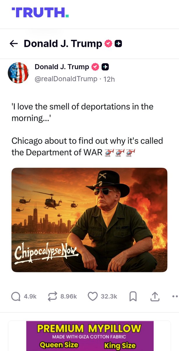 JulianPSAC610's tweet photo. So... he just declared civil war? 
Also, you gotta love how Truth Social has My Pillow and ED treatment ads everywhere. It's like a scam/malware site. It's crazy for a President to be posting on there, it'd be like if Bill Clinton officially distributed his speeches on Limewire. https://t.co/ilUkorR2i6