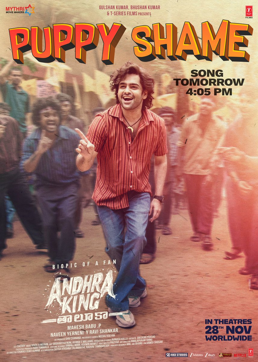 #AndhraKingTaluka second single #PuppyShame 🐶 tomorrow at 4.05 PM ❤‍🔥

▶️ youtu.be/_lCsnI39k60