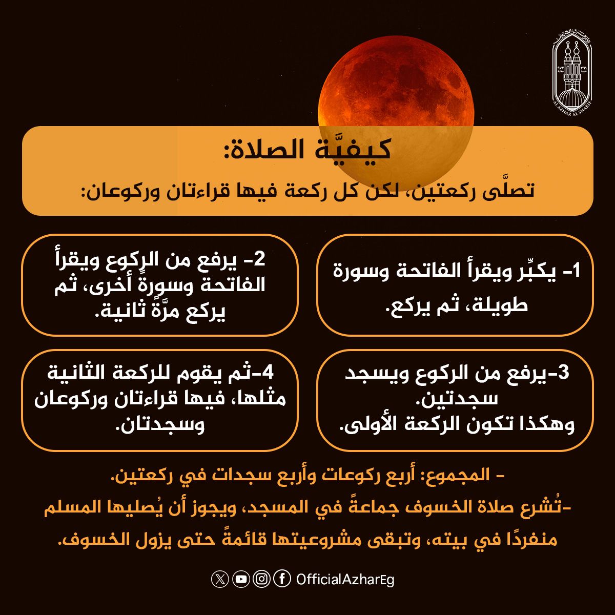 قالﷺ: «إِنَّ الشَّمْسَ وَالقَمَرَ آيَتَانِ مِنْ آيَاتِ اللَّهِ، لاَ يَنْكَسِفَانِ لِمَوْتِ أَحَدٍ وَلاَ لِحَيَاتِهِ، فَإِذَا رَأَيْتُمُوهُمَا، فَادْعُوا اللَّهَ وَصَلُّوا حَتَّى يَنْجَلِيَ».. (رواه البخاري)