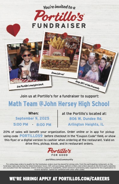 MrsBallarini's tweet photo. The @HerseyHuskies Math Team is hosting a fundraiser at @portilloshotdog on Dundee in AH this Tuesday! Please help spread the word. #MathTeam https://t.co/h2tM7SNtyj
