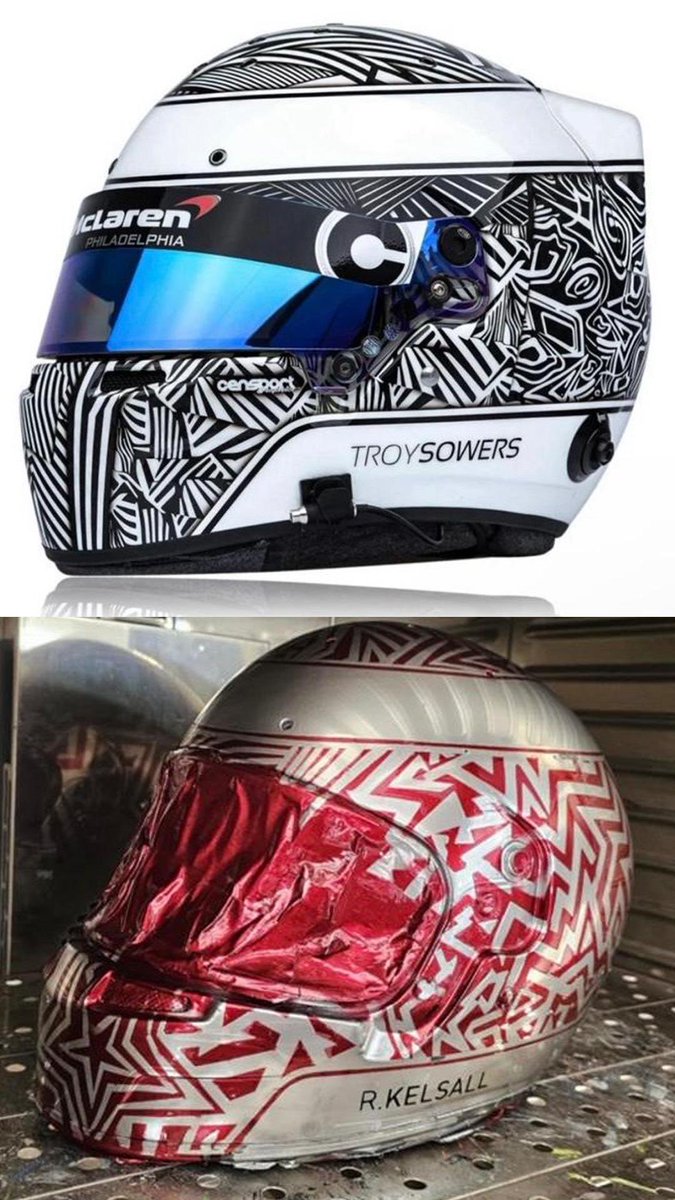 nigelkelsall's tweet photo. So I’ve had a racing helmet done for my son, we asked for a design of the top helmet but all black to be red and all white to be chrome and the bottom picture is what we have been sent and told they will not change it. Advise please https://t.co/xl8l07sQfT
