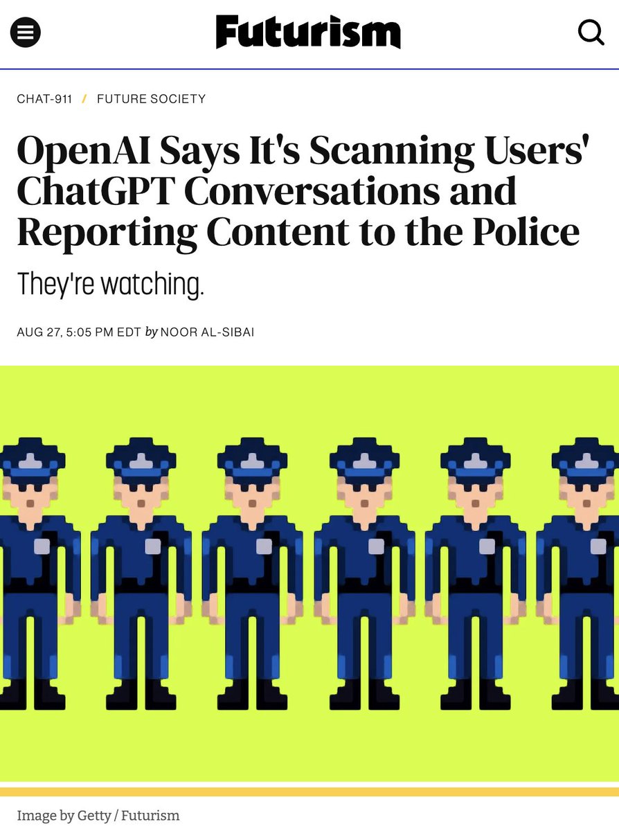 gregisenberg's tweet image. chatgpt is potentially leaking your private convos to the police 

people use chatgpt because it feels like talking to a smart friend who won&apos;t judge you. 

now, people are realizing it&apos;s more like talking to a smart friend who might snitch.

this is the same arc we saw in social…