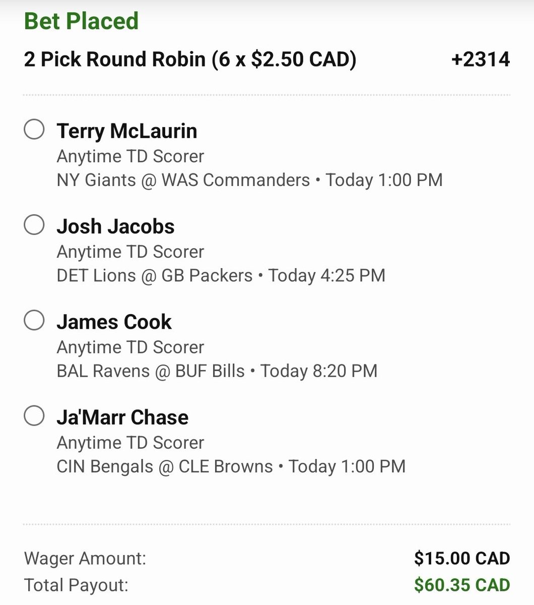 NHLGoalieProps (@nhlgoalieprops) on Twitter photo WE HAVE OUR FIRST PLAY WITH <a href="/propsbotai/">PropsBot.AIโข๏ธ</a> FOR THE NFL SEASON!
We are using the adaptive AI of PropsBot to run a 4 man Round Robin for Anytime Touchdowns from Terry McLaurin, Josh Jacobs, James Cook, and Ja'Marr Chase!
Hit that RT if youre tailing #GamblingX!
#FreePicks #parlay WE HAVE OUR FIRST PLAY WITH <a href="/propsbotai/">PropsBot.AIโข๏ธ</a> FOR THE NFL SEASON!
We are using the adaptive AI of PropsBot to run a 4 man Round Robin for Anytime Touchdowns from Terry McLaurin, Josh Jacobs, James Cook, and Ja'Marr Chase!
Hit that RT if youre tailing #GamblingX!
#FreePicks #parlay