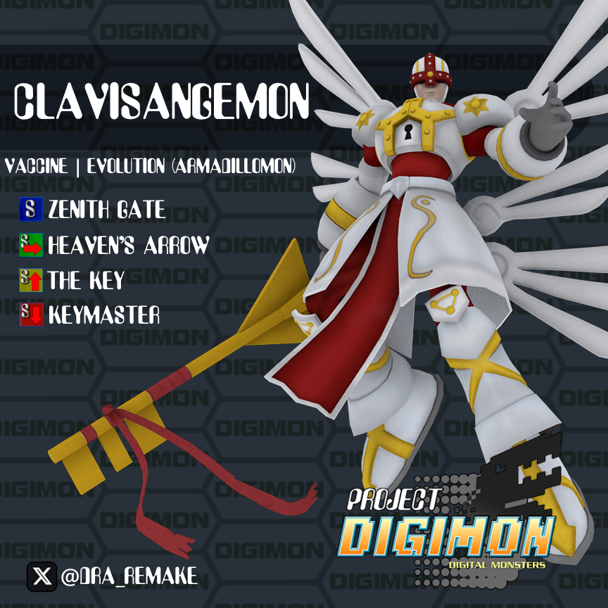 DRA_Remake's tweet photo. ClavisAngemon is a Digimon who collects keys to advance his skills. His neutral special has him unlock a portal ahead of himself, gaining to a max of 2 keys. A key is lost when taking 3 hits. Each key gained gives an effect to every special move!
#Clavisangemon #projectdigimon https://t.co/aY8PmLKccq