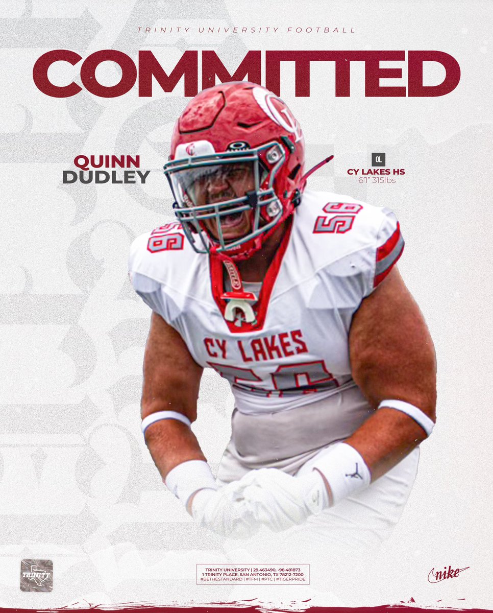 Quinn Dudley (@bigq_11) on Twitter photo After great conversations with my family and Trinity staff, I am beyond blessed to say I’m going to be apart of the tiger family! Thank you to the all the coaches and people who have supported me throughout my journey, and I can’t wait to get to work! <a href="/TUFootballTX/">Trinity University Football</a> <a href="/CoachLytal/">TUFB Coach_Lytal</a> After great conversations with my family and Trinity staff, I am beyond blessed to say I’m going to be apart of the tiger family! Thank you to the all the coaches and people who have supported me throughout my journey, and I can’t wait to get to work! <a href="/TUFootballTX/">Trinity University Football</a> <a href="/CoachLytal/">TUFB Coach_Lytal</a>