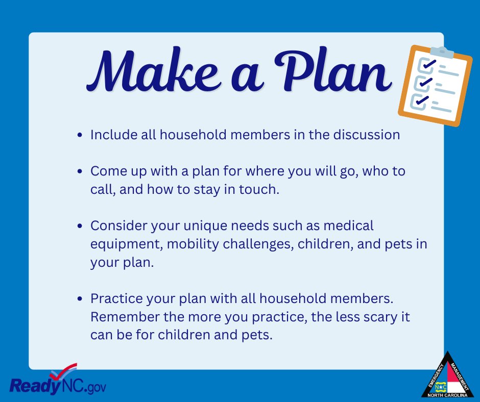 NCEmergency's tweet photo. This weekend we challenge you to sit down with your family and discuss your emergency plan. Where will you meet? Who will you call? Having these conversations now can save lives later. For more info visit https://t.co/r3QpoBt7lw. #ReadyNC https://t.co/OkO5TDMN4v