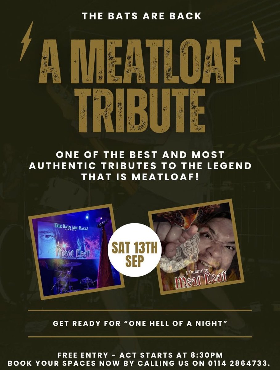 Remember to book your tables for our very first Meatloaf Tribute Act!!
.
What's on today....
👉 Sunday lunches being served 12-6pm 
👉 A selection of main menu items also available 
👉 Reserve your table by calling us on 0114 2864733