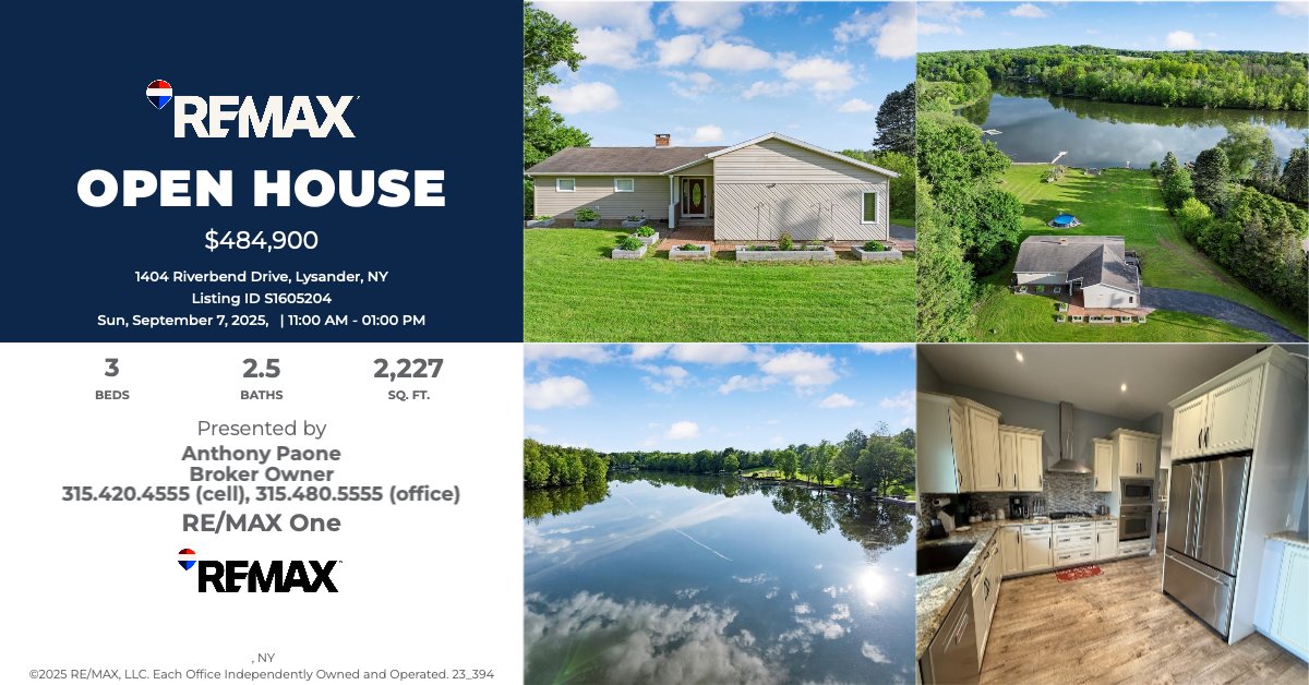 TonyPaone's tweet photo. Don’t forget the Open House today from 11:00am to 1:00pm located at 1404 Riverbend Dr in Baldwinsville, NY.  Reduced $100,100 to $484,900.  Motivated Sellers. Bring offers.  Selling Bonus! https://t.co/MFCd1q3CA1