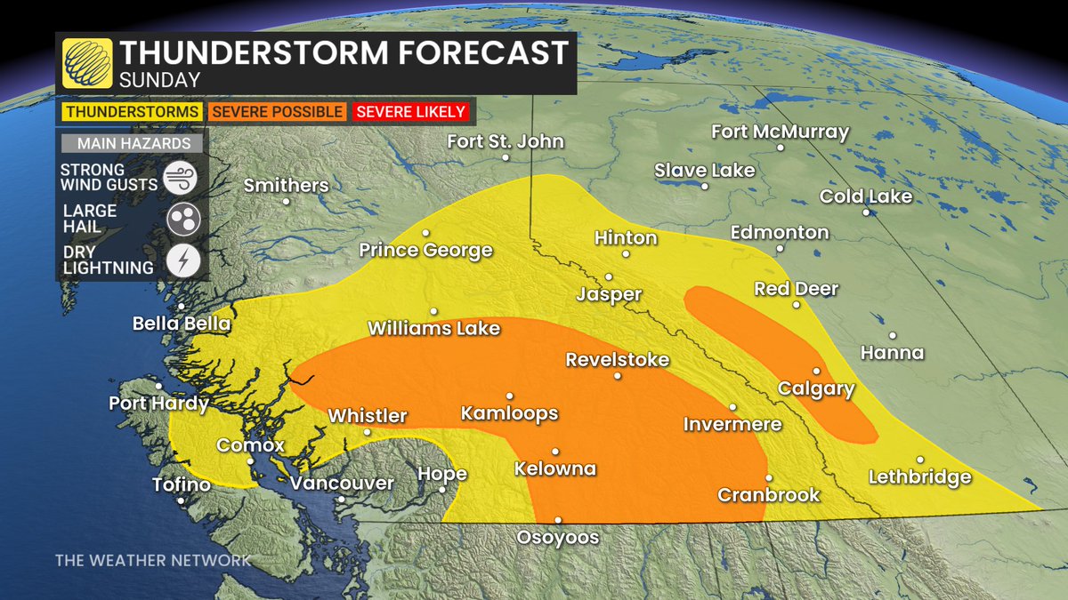 HowesNathan's tweet photo. The #wildfire risk is climbing in Western Canada on Sunday as severe storms will be possible across parts of B.C. and Alberta, bringing the threat of strong winds, hail, dry lightning and locally heavy rain. #BCstorm #abstorm https://t.co/7Z5a6TSXDO https://t.co/pOdh0WwWGY