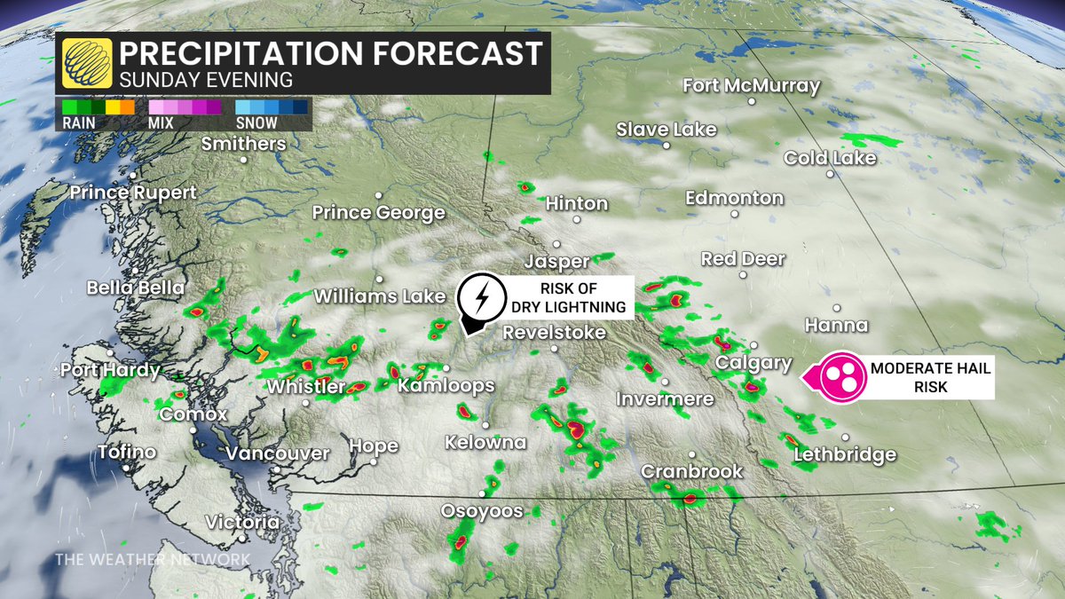 HowesNathan's tweet photo. The #wildfire risk is climbing in Western Canada on Sunday as severe storms will be possible across parts of B.C. and Alberta, bringing the threat of strong winds, hail, dry lightning and locally heavy rain. #BCstorm #abstorm https://t.co/7Z5a6TSXDO https://t.co/pOdh0WwWGY