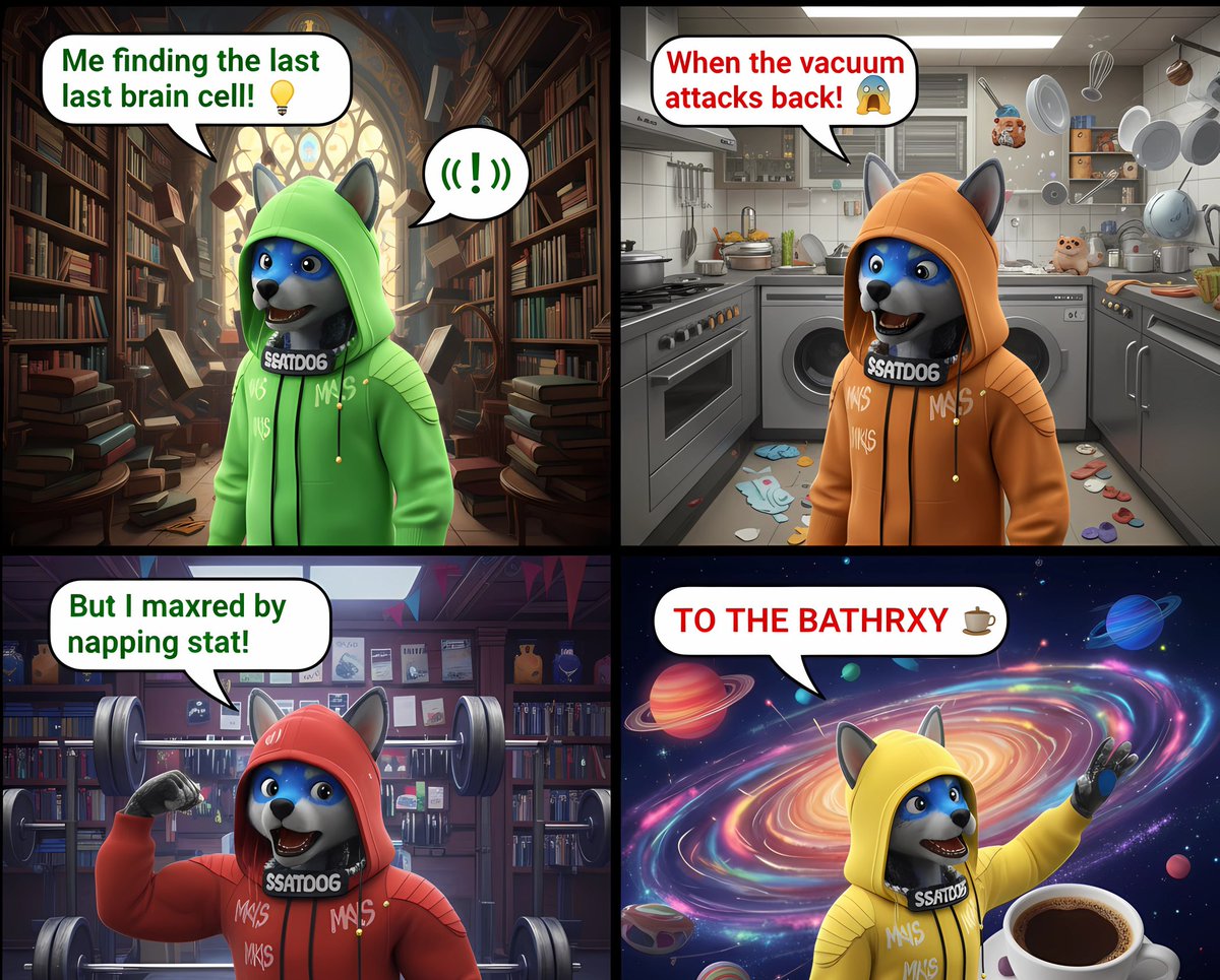 SatoshiDogfun's tweet photo. "Leveling up life, one brain cell, one vacuum, one nap, and one cosmic coffee at a time! ☕💥 #SSATDOG #EpicVibes #MaxStats" #NFTCommunity #NFTCollection #NFTmarketplace #CryptoMarket #CryptoAlert #memecoins #Memes #pumpfuncoins 🔝🐶 https://t.co/ybTOh9VrIS
