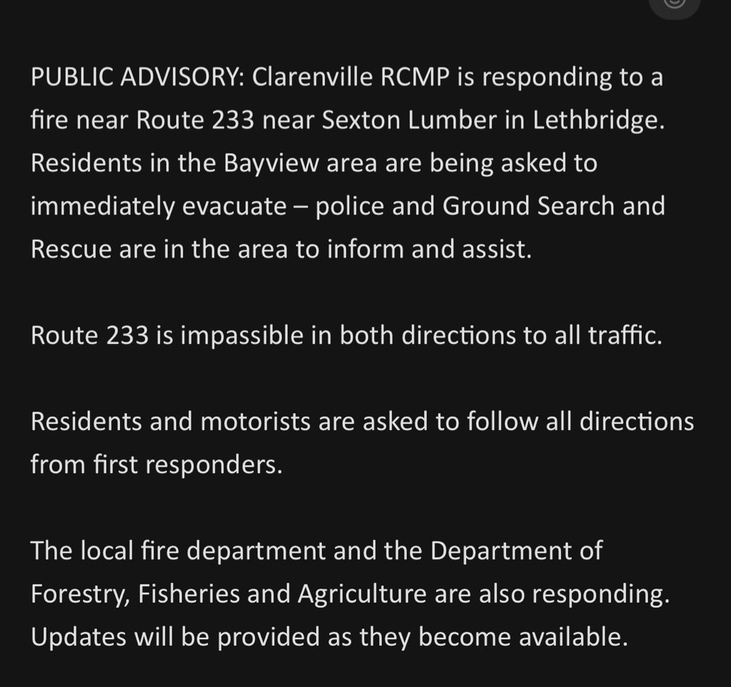 TelyPhotoGosse's tweet photo. Residents of the Bayview area near Sexton lumber are being asked to evacuate the area while the Clarenville RCMP, firefighters, and the department of forestry respond to a fire in the area. https://t.co/5QU1Vo2y2Q