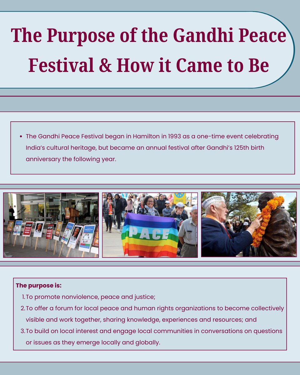 Held annually in Hamilton since 1993, the Gandhi Peace Festival is Canada’s longest-running peace festival that is inspired by the life and teachings of Mahatma Gandhi.

Learn more: gpsj.humanities.mcmaster.ca/centre-for-pea…