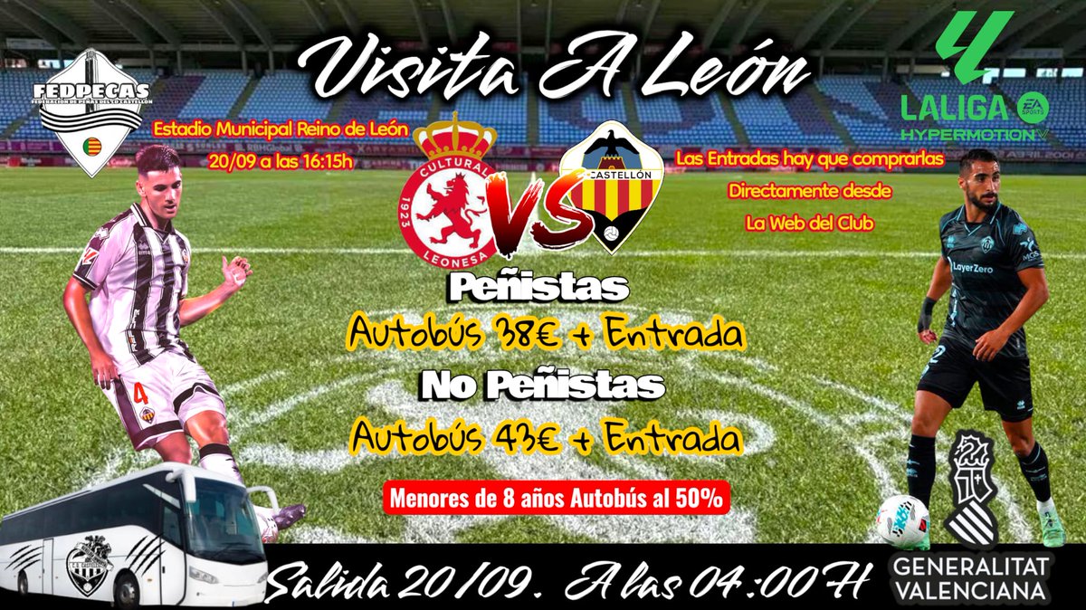 📣📝 Ya puedes apuntarte al próximo desplazamiento. 

🚌 Siempre acompañando a los nuestros. 

🎟️🔜 Entradas próximamente en: cdcastellon.com