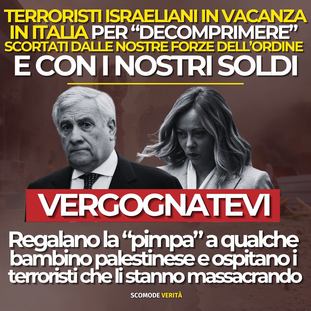 Meloni e Tajani si vantano di aver accolto i bambini palestinesi e poi consentono ai soldati dell’IDF che li hanno resi orfani, di venire in vacanza in Italia (scortati dalla Digos). È ripugnante. Leggete qui 👉 alessandrodibattista.substack.com/p/una-vergogna… e iscrivetevi al mio canale Substack