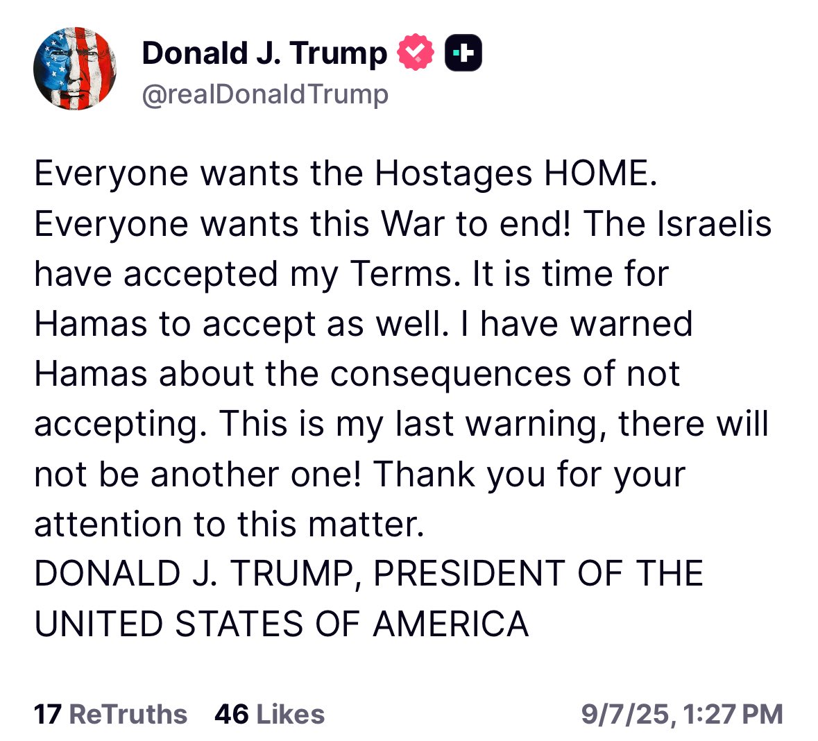 🚨JUST POSTED🚨

President Trump has a warning for Hamas…
