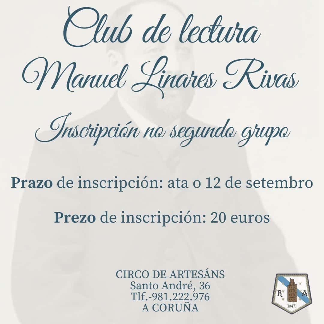 Club de Lectura Manuel Linares Rivas

📅Inscriccións ata o 12 de setembro
📍Conserxería do Circo de Artesáns, Rúa San Andrés, 36