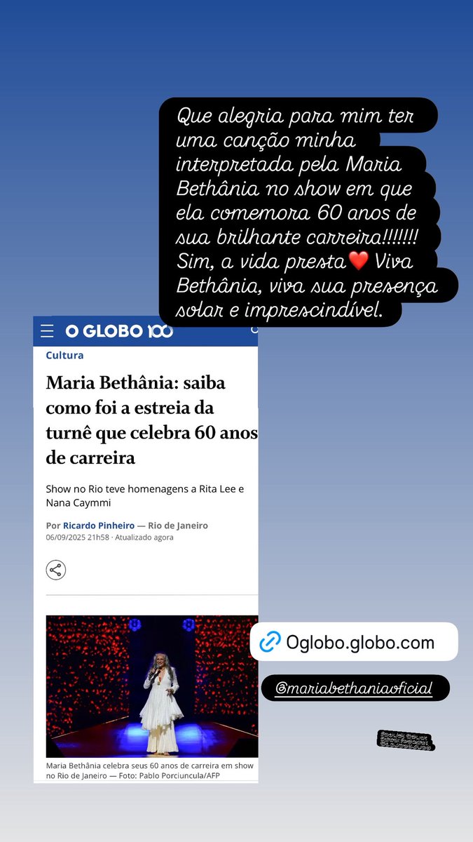 que alegria ter uma canção minha no repertório do novo show da Maria Bethânia!