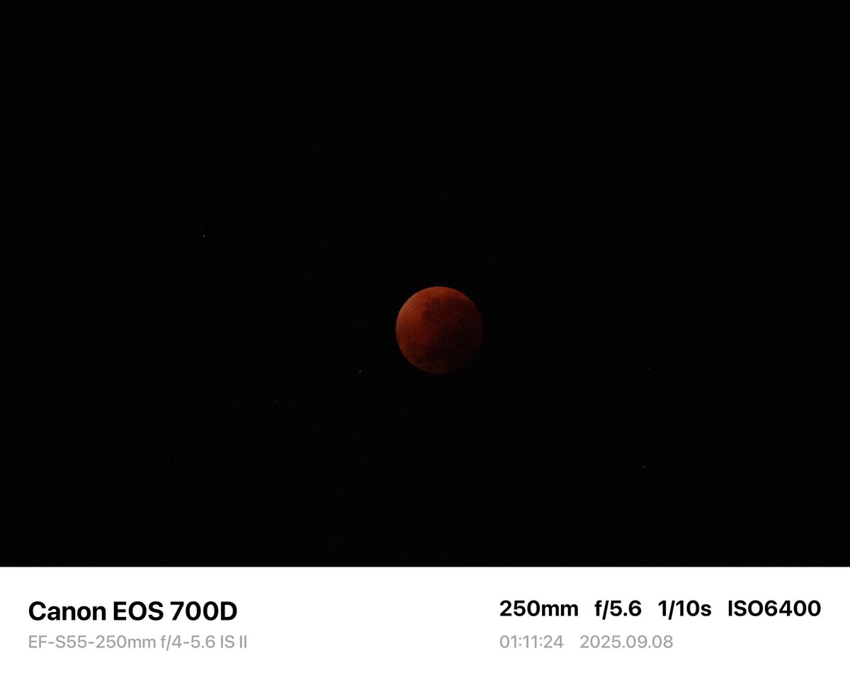 Gemaswar_'s tweet photo. Gerhana Bulan Total ‘Blood Moon’

Tangerang Selatan, 8 September 2025

If : Tepat di puncak dari gerhananya yaitu jam 01:11. https://t.co/urq4ysxntx