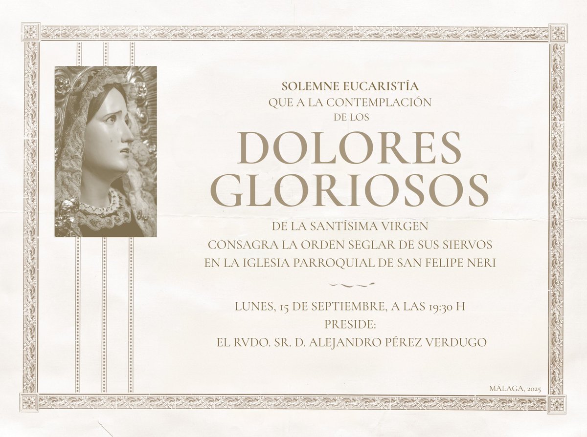 #CULTOS | Dolores Gloriosos.

El próximo día 15 de septiembre a las 19:30h tendrá lugar la Solemne Eucaristía en honor de los Dolores Gloriosos de la Santísima Virgen.

Preside el Rvdo. P. D. Alejandro Pérez Verdugo.