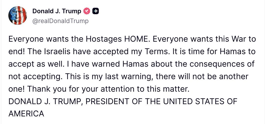 TPostMillennial's tweet photo. Trump to Hamas: "This is my last warning, there will not be another one!" https://t.co/5npUH0X6fy