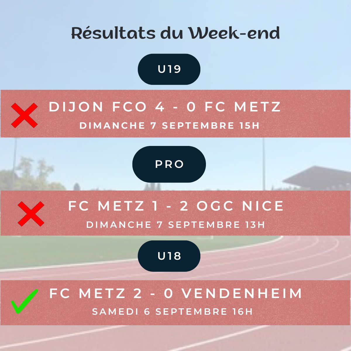 Les résultats du Week-end pour les différentes équipes féminines du FC Metz

La saison démarre plutôt timidement, mais on ne pourra que faire mieux, alors on verra mieux le Week-end prochain c'est certain ! 💪🇱🇻