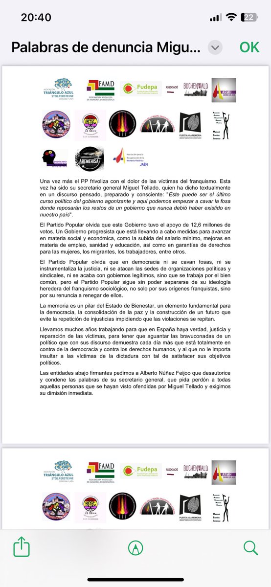 Hemos suscrito el comunicado de asociaciones memorialistas andaluzas condenando las infames palabras del dirigente del
pp Miguel Tellado, reclamando a su partido y al gobierno andaluz su descalificación.