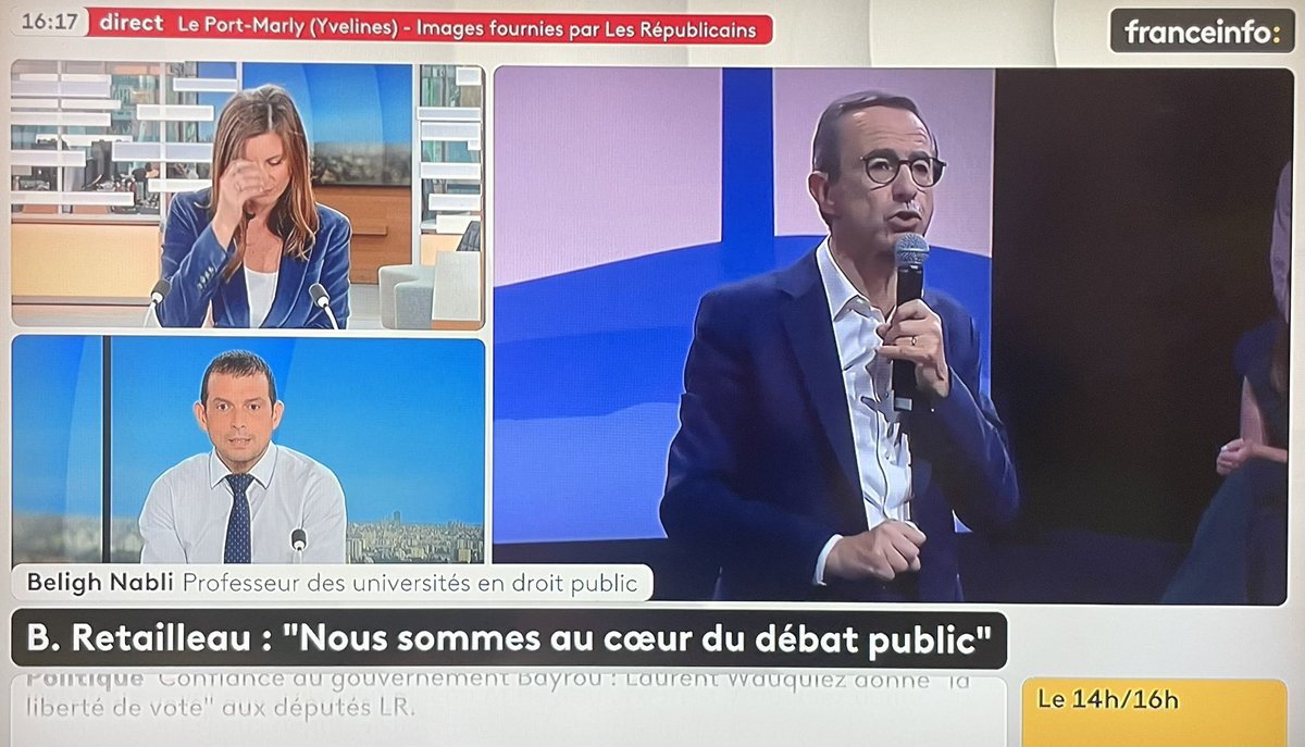 ldupin's tweet image. Discours de Bruno Retailleau. Journaliste sur @franceinfo tv, évoquant attendre là « la ligne de LR pour les 3/5 jours à venir »… ah ok, on en est donc là niveau stabilité politique en France ? 😳 #mediabug
