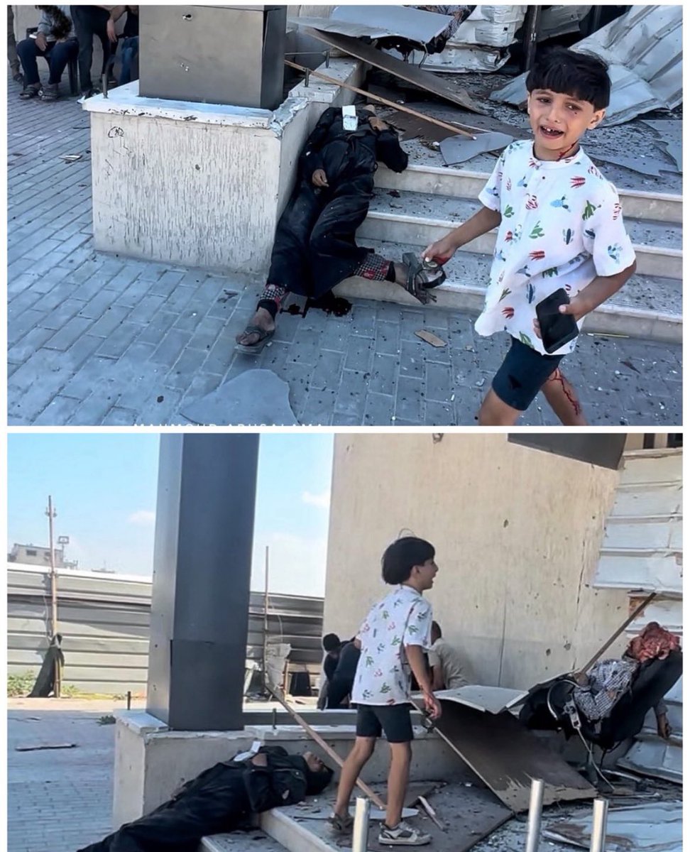 At the doorsteps of a hospital in Gaza, this little boy stairs at his father‘s crushed head and his mother‘s lifeless body. Israel is the spawn of Satan.