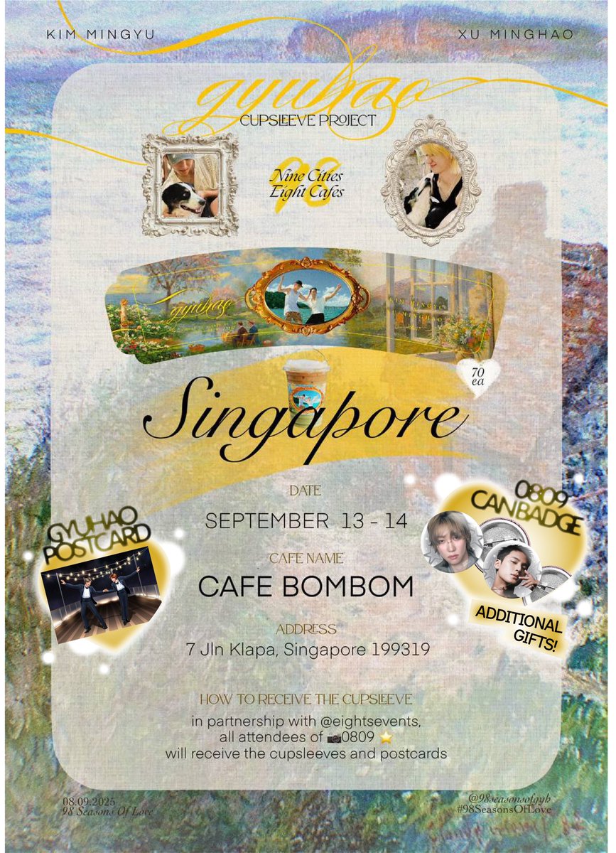eightsevents's tweet photo. 🧷0809 CAFE GOODIES🧷

1 more week till 0809 gyuhao event!! 

this round we have 2 collaborations,
@98seasonsofgyh &amp; @cafebombomsg 🌟

(check thread for details) https://t.co/4gni2SrZ4Z