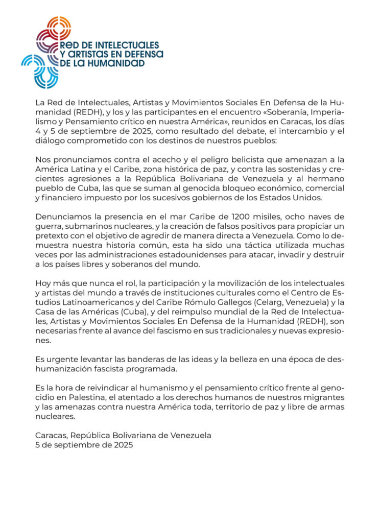 Declaración de la Red de Intelectuales, Artistas y Movimientos Sociales En Defensa de la Humanidad, por la soberanía de nuestra América: en lucha contra el imperialismo

🔗cubaminrex.cu/es/declaracion…