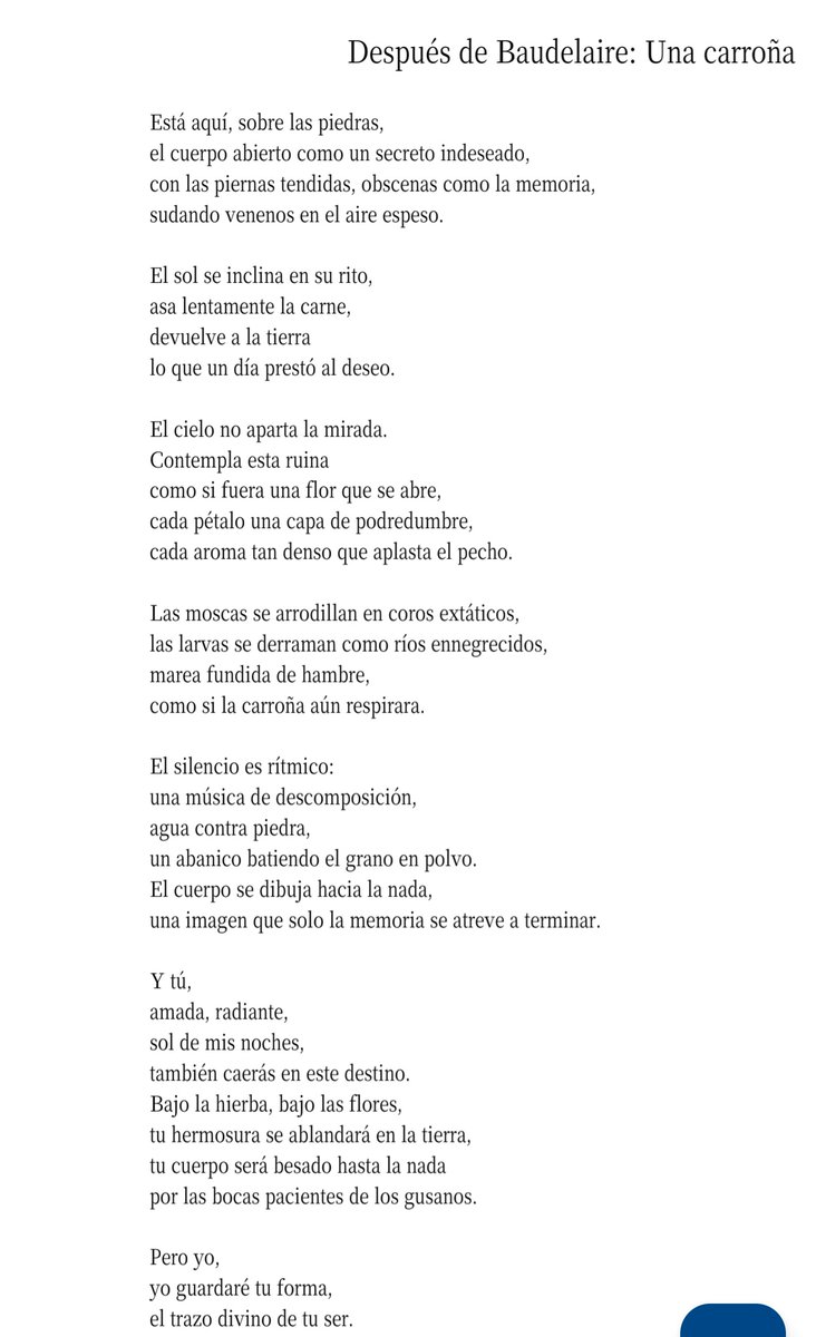 Después de Baudelaire: Una carroña” es mi intento de reimaginar uno de los poemas más infames de Charles Baudelaire, Une Charogne, de Las flores del mal. En él, la belleza y la descomposición se ven obligadas a compartir el mismo espacio, convirtiéndose en una meditación sobre el