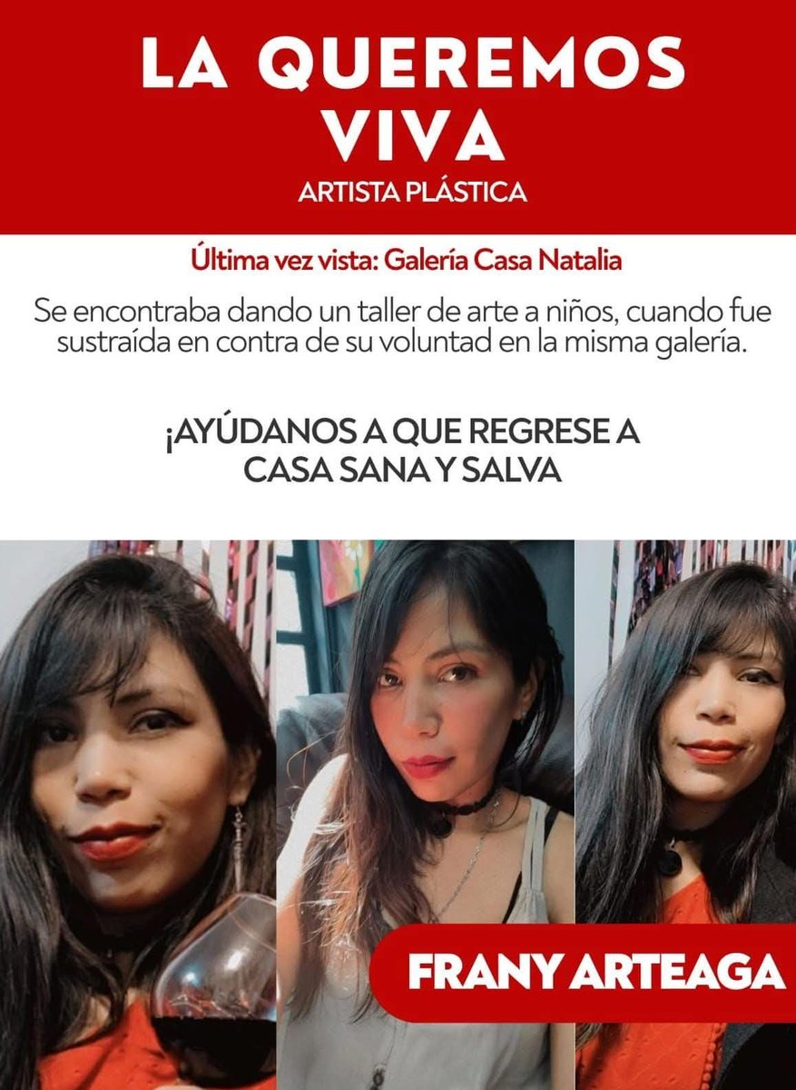 mnavapintora's tweet photo. Frany Arteaga, artista plástica, fue sustraída en contra de su voluntad mientras impartía un taller para niñxs, el jueves 28 de agosto de 2025 en una galeria de la ciudad de Guadalajara en el estado de Jalisco, México.
#ArtistaVisual #México #Jalisco #FrannyArteaga #Guadalajara https://t.co/ukIhoFY60W
