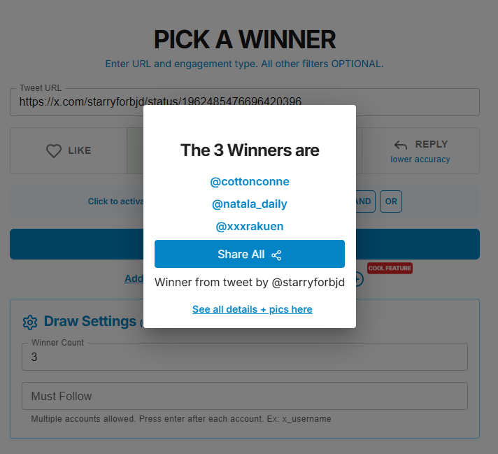 🥳RT 이벤트 당첨자 발표🥳
<a href="/cottonconne/">아연(솜솜연)</a> <a href="/natala_daily/">히리스</a> <a href="/xxxrakuen/">LESSA:레사</a> 
당첨자분께서는 DM으로 연락 부탁드립니다.  
참여해주신 모든 분들께 감사드립니다. 
모두 즐겁고 행복한 하루되세요!