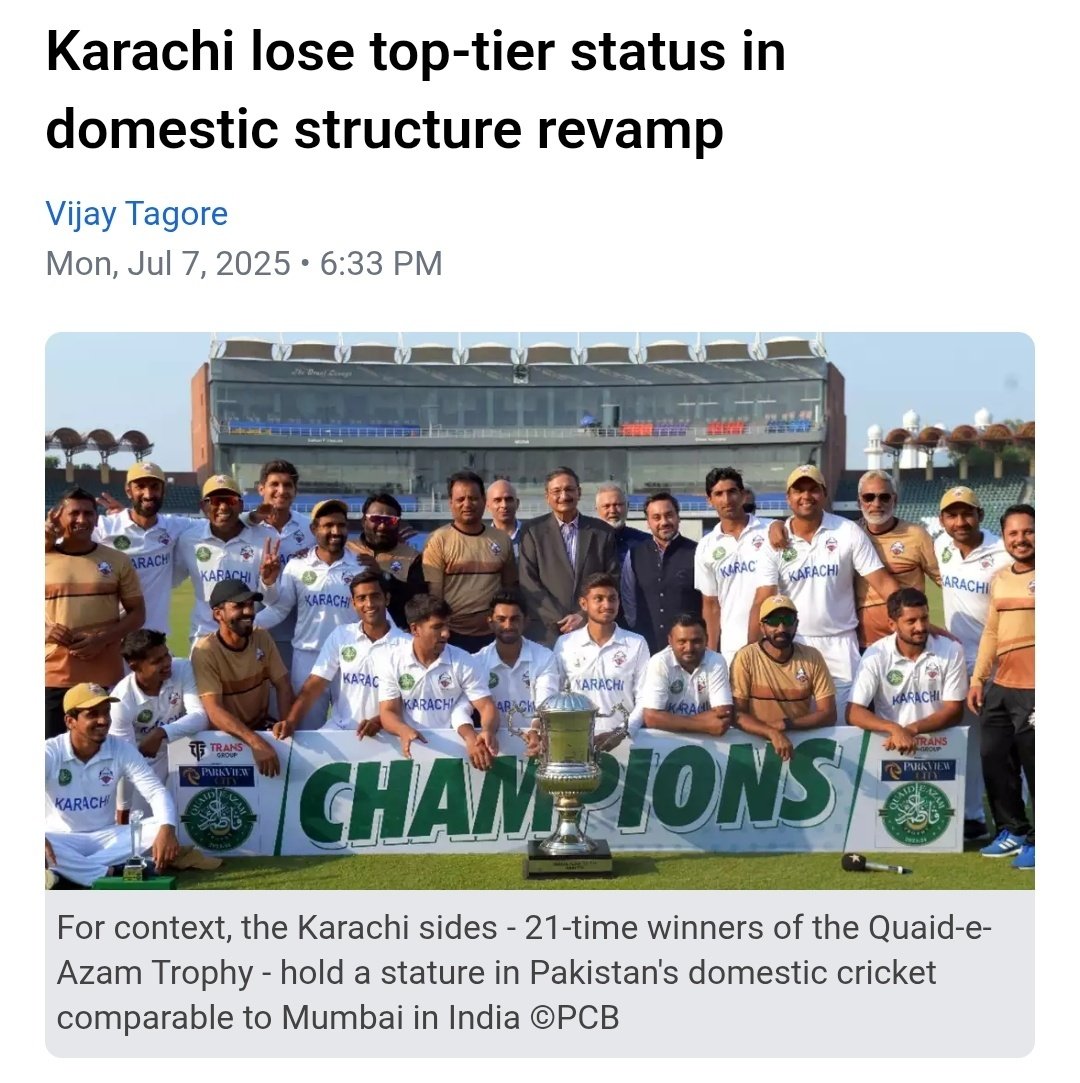 Karachi is getting systematically sidelined..Recently the Qaid- E- Azam Trophy got a revamp after the season where suddenly a side like Karachi is no more in the Top division of Pak domestic cricket &amp; now Karachi is not getting home matches in SA series &amp; the Triseries..So Sad