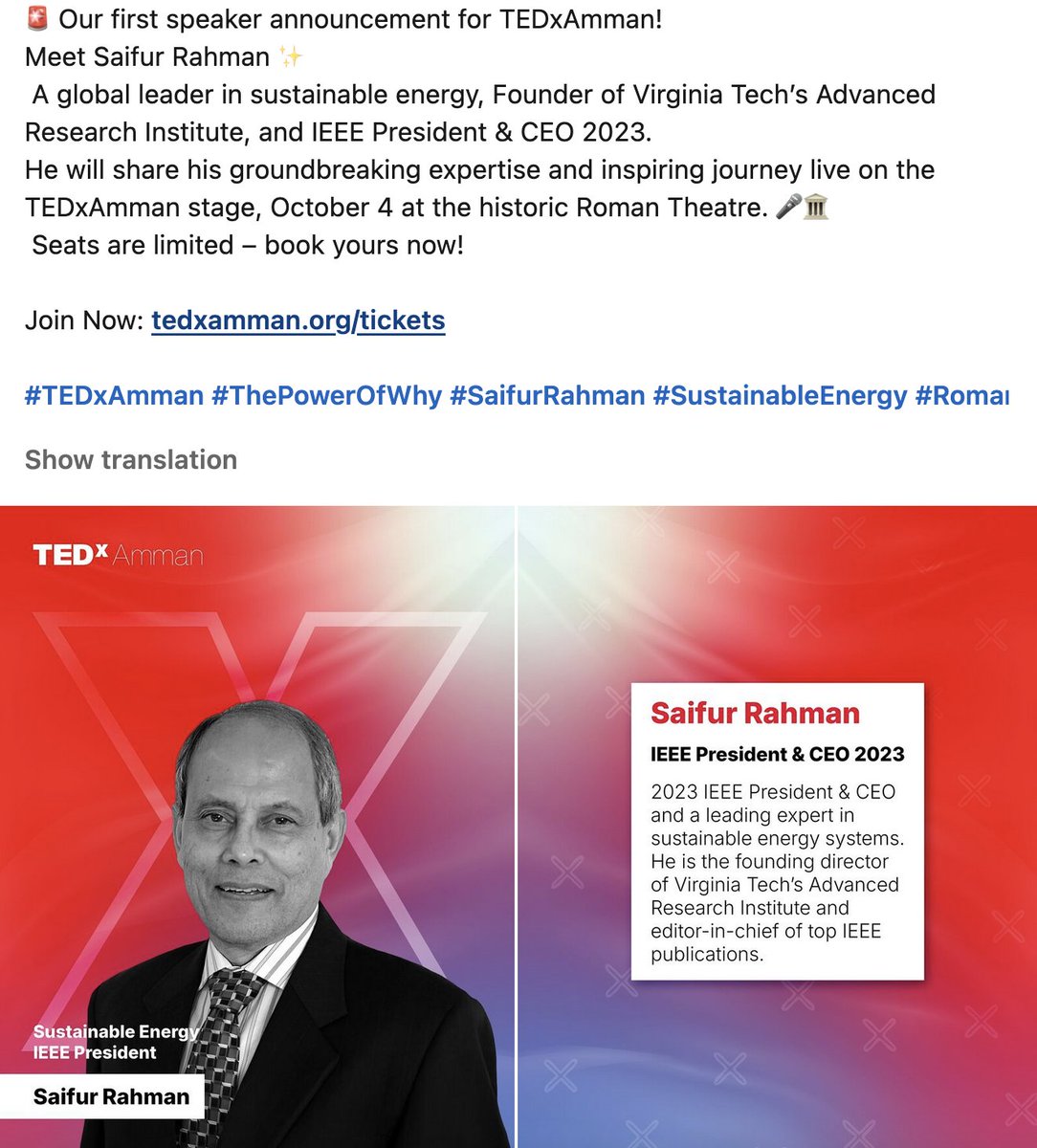 SRahmanVT's tweet image. I’ve been invited to speak at TEDxAmman!
On October 4, I’ll be taking the stage at the historic Roman Theatre to share insights on sustainable energy and my professional journey.
Seats are limited!
👉 tedxamman.org/tickets
#TEDxAmman #ThePowerOfWhy #SustainableEnergy