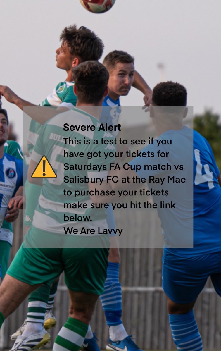 Severe Alert | 🚨 
Make sure you follow the instructions 

salisburyfc.ticketco.events/uk/en/m/e/lave…

We Are Lavvy 

<a href="/SalisburyFC/">Salisbury FC</a> <a href="/WessexLeague/">Velocity Wessex League</a> <a href="/EmiratesFACup/">Emirates FA Cup</a>