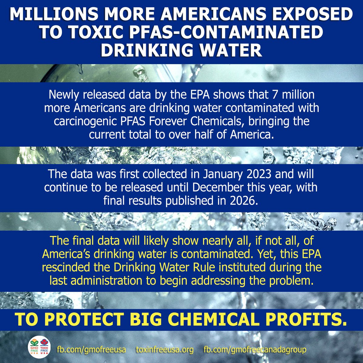 GMOFreeUSA's tweet image. New data released by the EPA shows that millions more Americans are drinking water that is contaminated with carcinogenic PFAS Forever Chemicals. The findings come as part of the EPA's Fifth Unregulated Contaminant Monitoring Rule, known as UCMR 5, requiring U.S. water utilities…