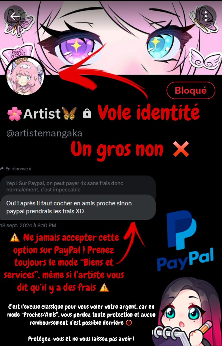 Je tiens à vous rappeler qu’il est vraiment primordial de ne jamais accepter le mode de paiement “Amis/Proches” sur PayPal, sauf si vous connaissez personnellement l’artiste derrière l’écran. Sinon, c’est toujours le mode “Biens et services” qu’il faut choisir ~ 🌸🍒

Pourquoi ?