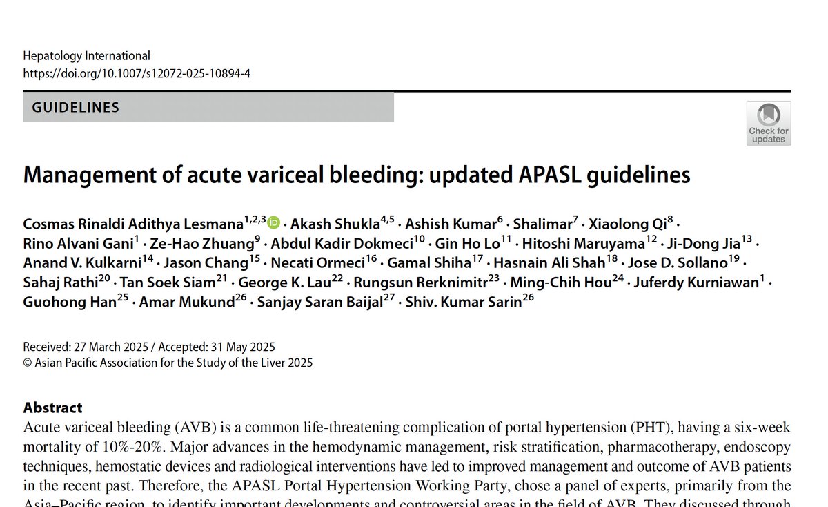 APASL has just released its new guidelines on the management of acute variceal bleeding, led by Prof. <a href="/drshivsarin/">Shiv Sarin</a> with Dr. <a href="/CosmasLesmana/">Cosmas Rinaldi Lesmana</a> and Dr. <a href="/drakashshukla3/">Akash Shukla</a> as the leading authors. I’m grateful to have been included as a co-author along with colleagues from across