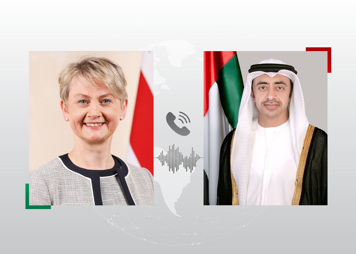 Abdullah bin Zayed congratulates <a href="/YvetteCooperMP/">Yvette Cooper</a> during a phone call on her appointment as the United Kingdom’s Secretary of State for Foreign, Commonwealth and Development Affairs. 🇦🇪–🇬🇧 bilateral relations were discussed, along with developments in the region.