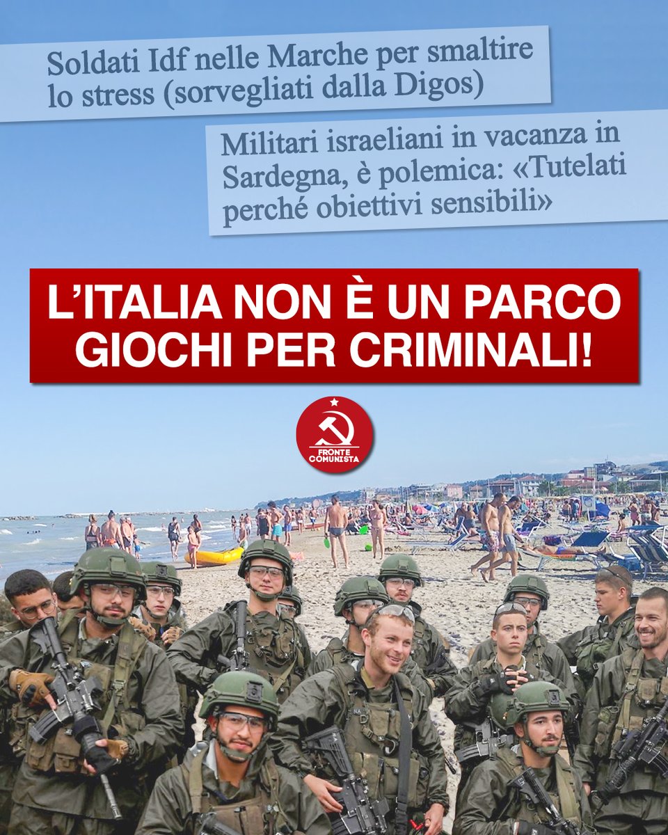 I soldati dell'#IDF vengono accolti a braccia aperte dal nostro paese. La complicità dell'Italia passa anche per offrire "vacanze" tra una strage e l'altra a degli assassini. Bisogna sostenere con sempre maggiore forza la necessità dello stop al supporto di Italia e UE a Israele!