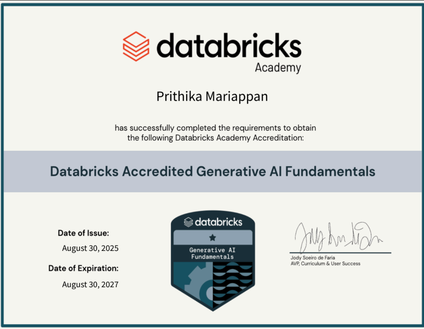 prithikaam's tweet photo. 💥 I'm happy to share that I've successfully completed the generative AI fundamentals certificate 🚀  on databricks academy.

#learningjourney #GenAI #AI https://t.co/YsvujFNKPW