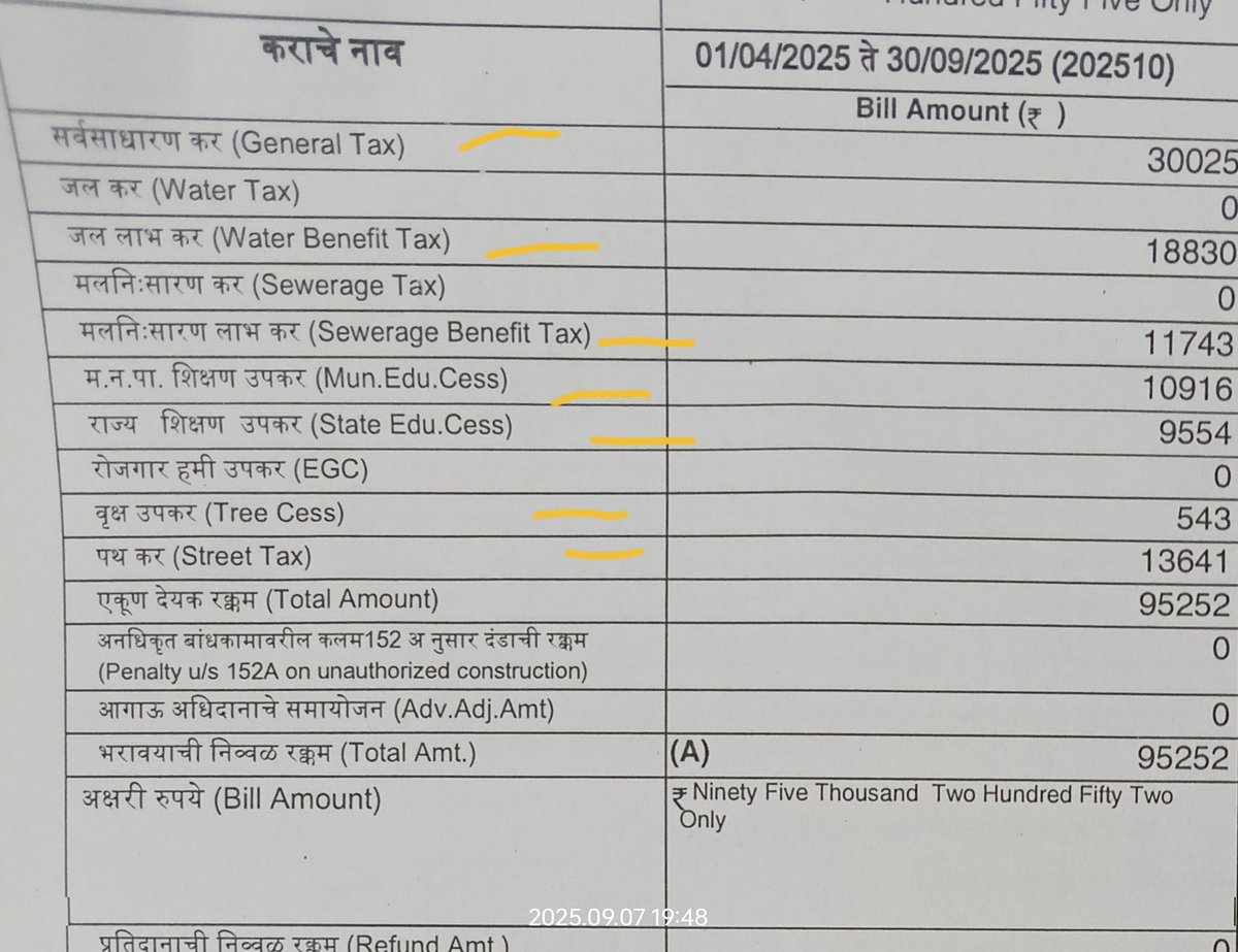 j_raisinghani's tweet photo. @mybmc We request your guidance on the property tax bill of T Ward. The charges highlighted in yellow are assumed as components exempted for flat owners having carpet area below 500 sq. ft. If not correct, kindly confirm which specific charges are exempted for such flats. https://t.co/8N4AH30sSV