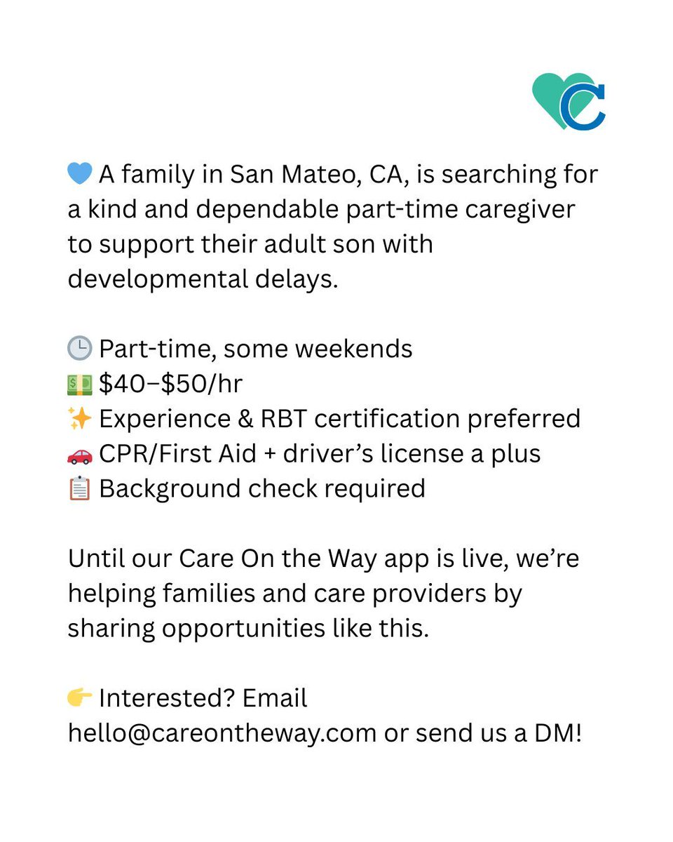 💙 Looking for part-time caregiver work? A San Mateo, CA family is hiring! $40–$50/hr + flexible hours.

Until our app is live, we’re helping families post opportunities like this.

👉 DM us or email hello@careontheway.com if you’re interested! 

#CaregiverJobs #PartTimeJob