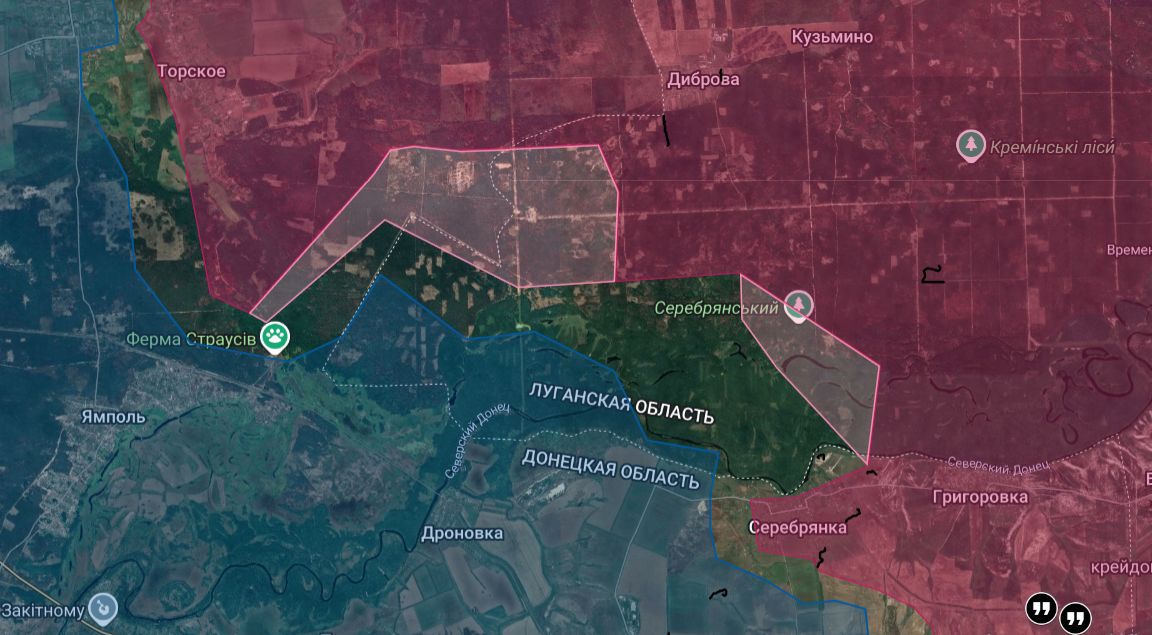 Серебрянское лесничество. Бойцы 25ОА, а также спецы и полк мобилизованных продолжают выдавливать ВСУ из леса. Начались бои за ферму. Страусов там нет, так что ни один страус в процессе её взятия не пострадает.